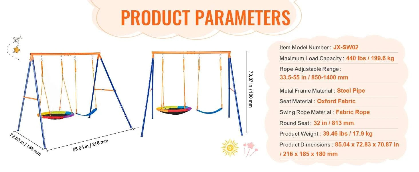 Backyard Swing Set with Saucer & Belt Seats, 600lb Capacity-Fabric 1 person / france