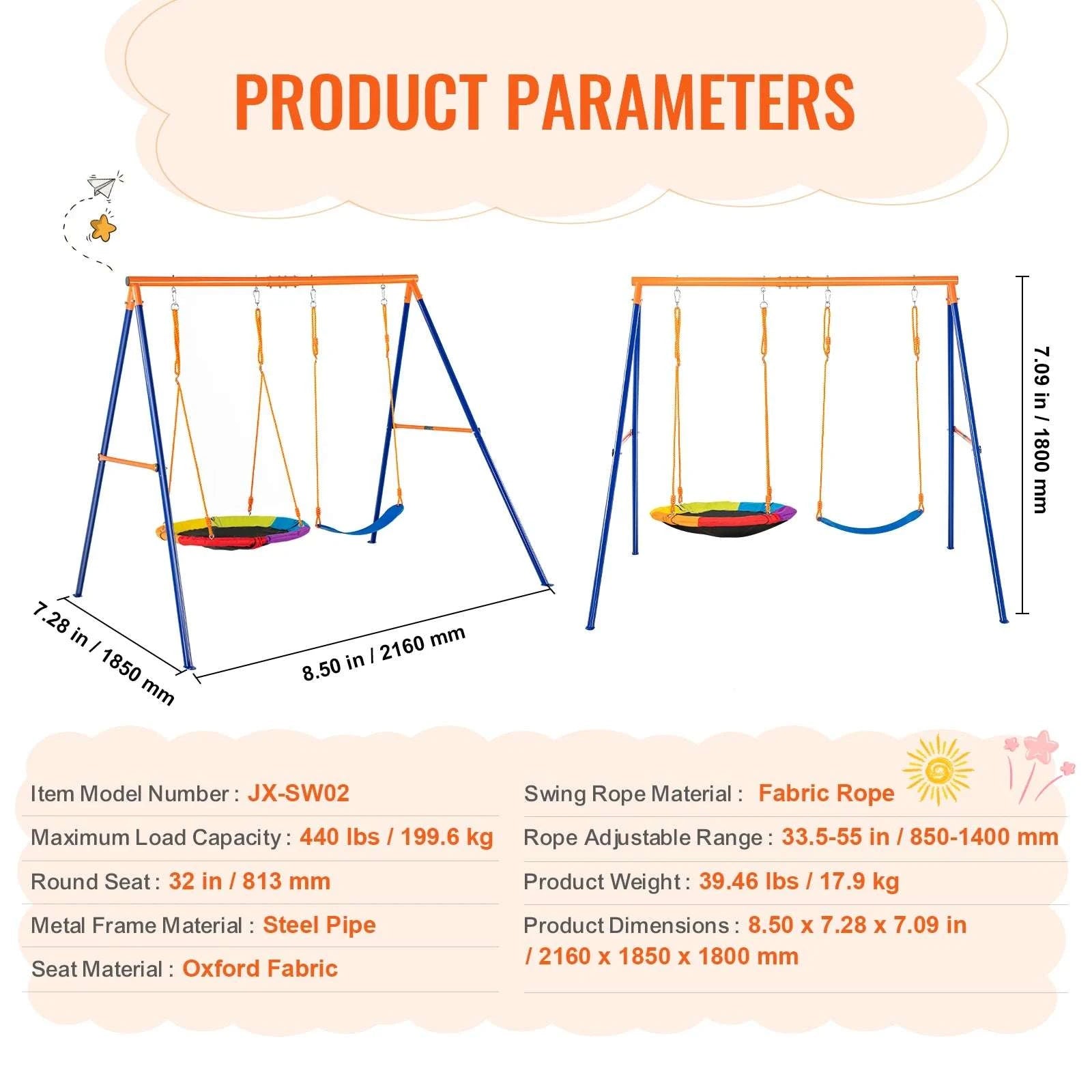 Backyard Swing Set with Saucer & Belt Seats, 600lb Capacity-Fabric 1 person / france
