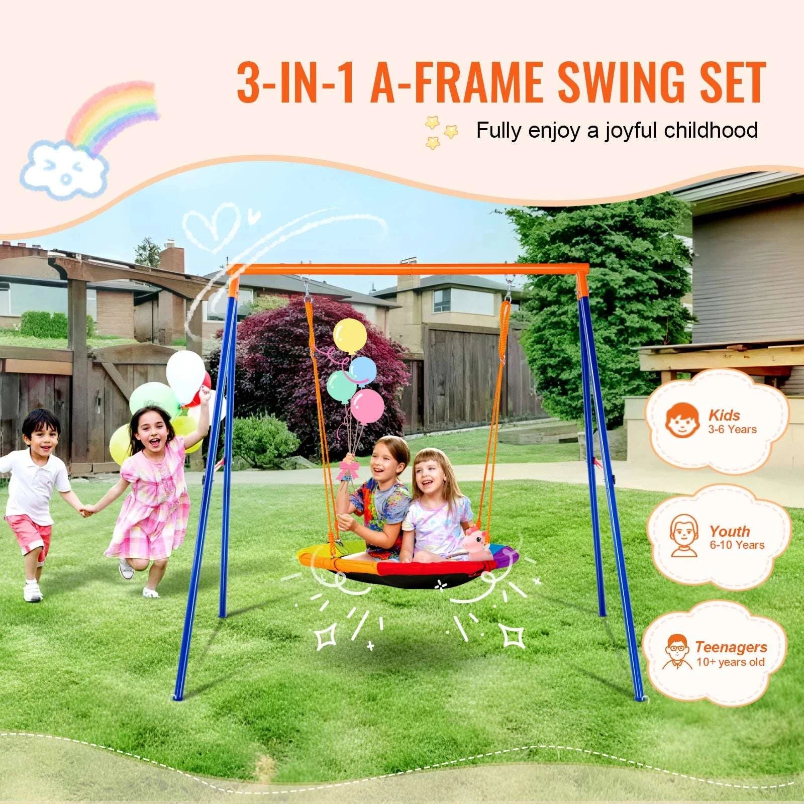 Backyard Swing Set with Saucer & Belt Seats, 600lb Capacity-Fabric 1 person / france