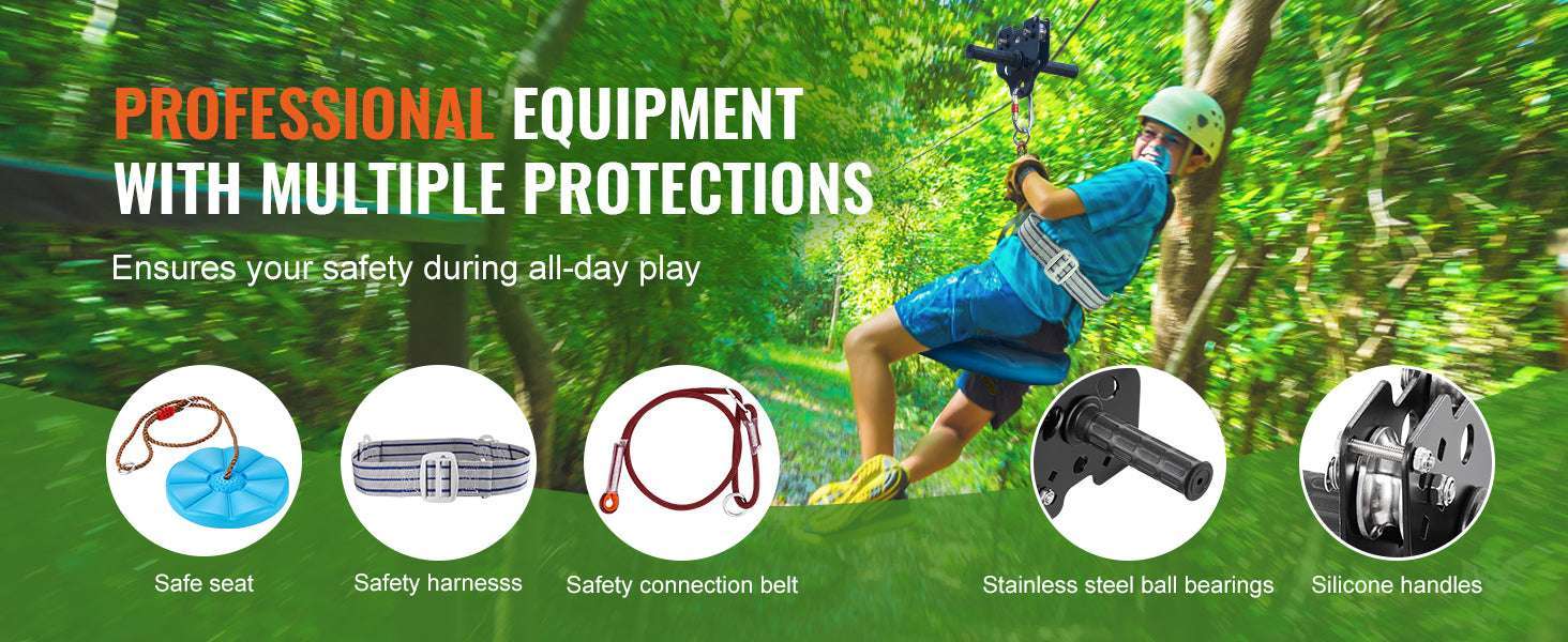 Backyard Zipline Kit 60–120FT with Safety Seat & Harness System-120ft / spain
