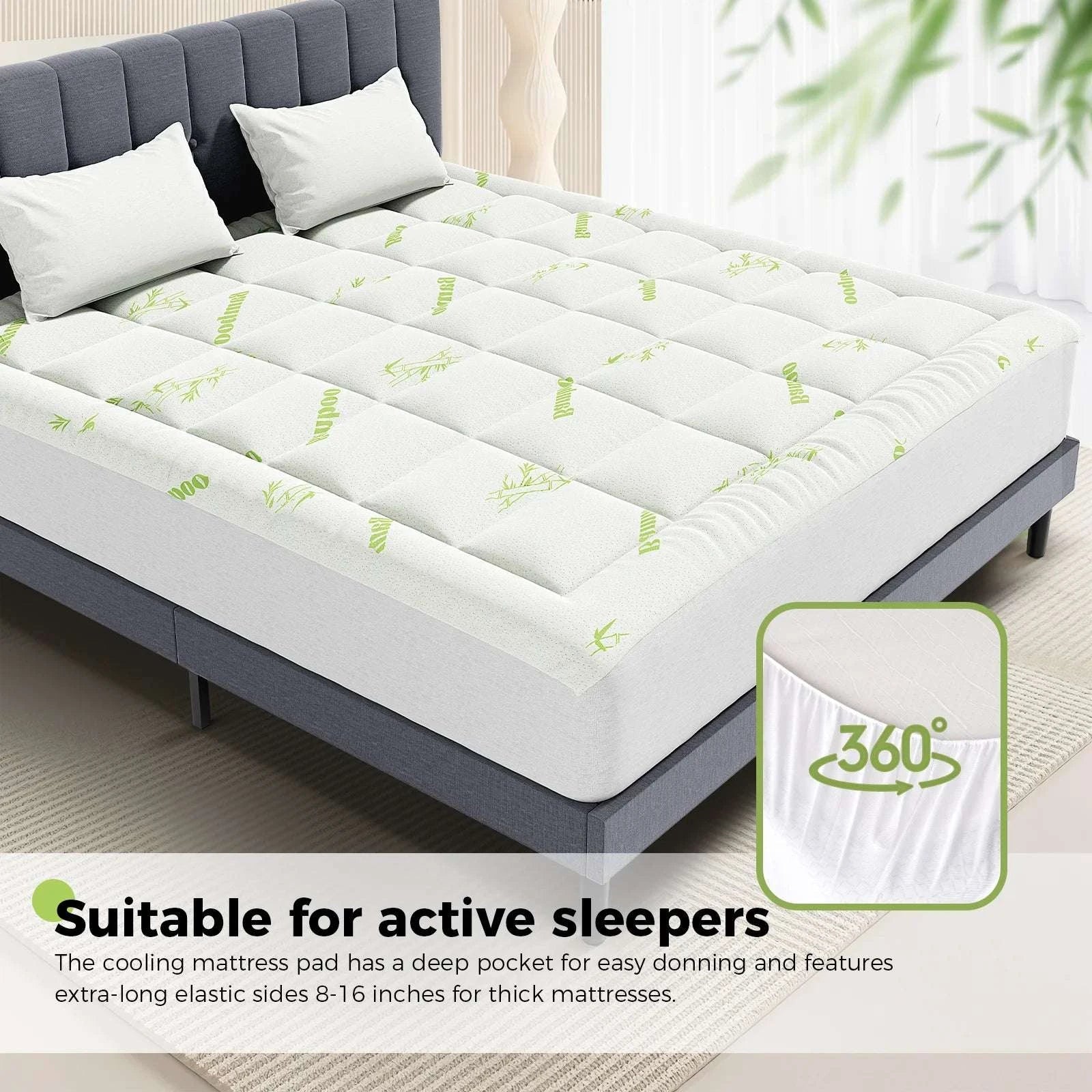 Bamboo Fiber Cooling Mattress Topper with Deep Pockets 400g-light green / King / United States