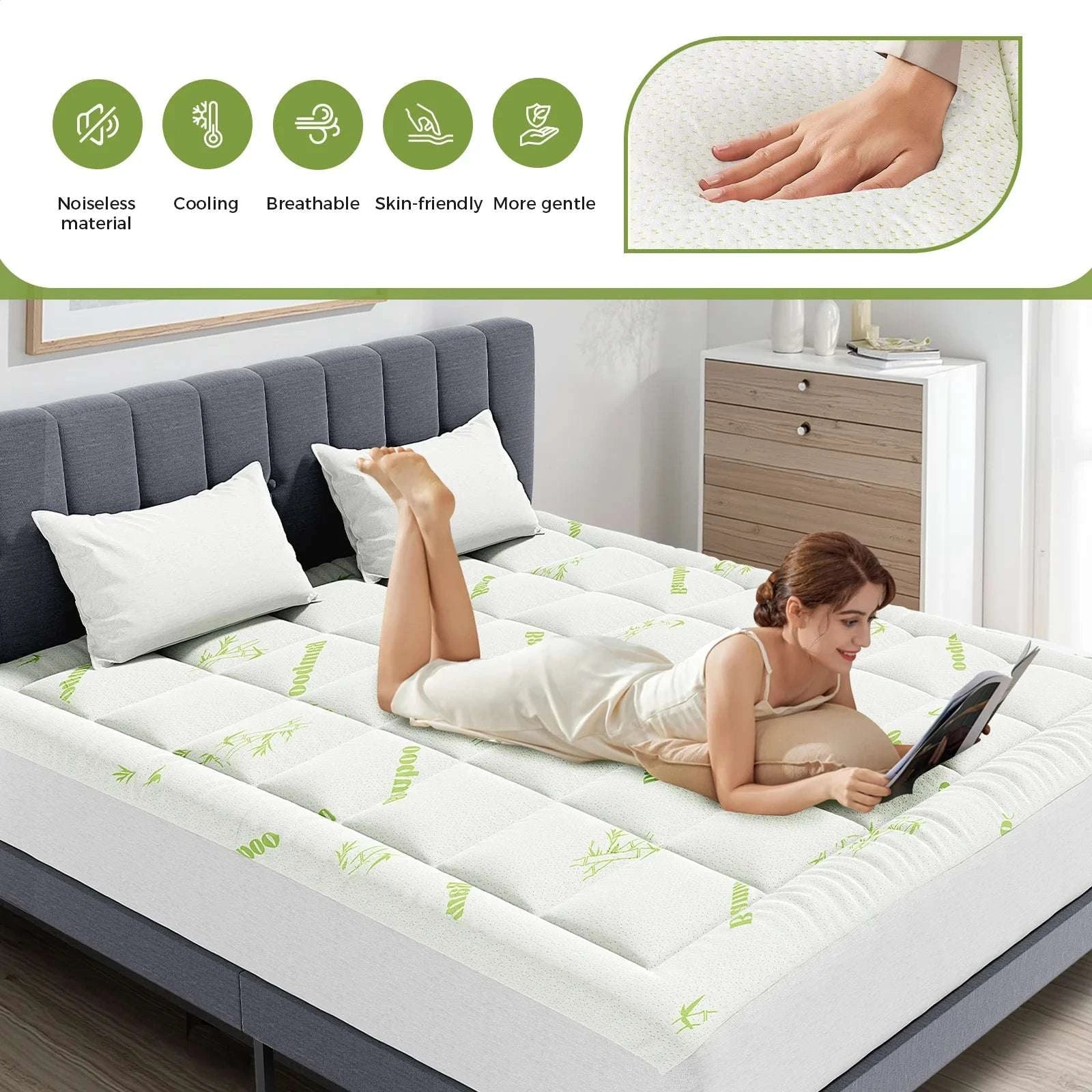 Bamboo Fiber Cooling Mattress Topper with Deep Pockets 400g-light green / King / United States