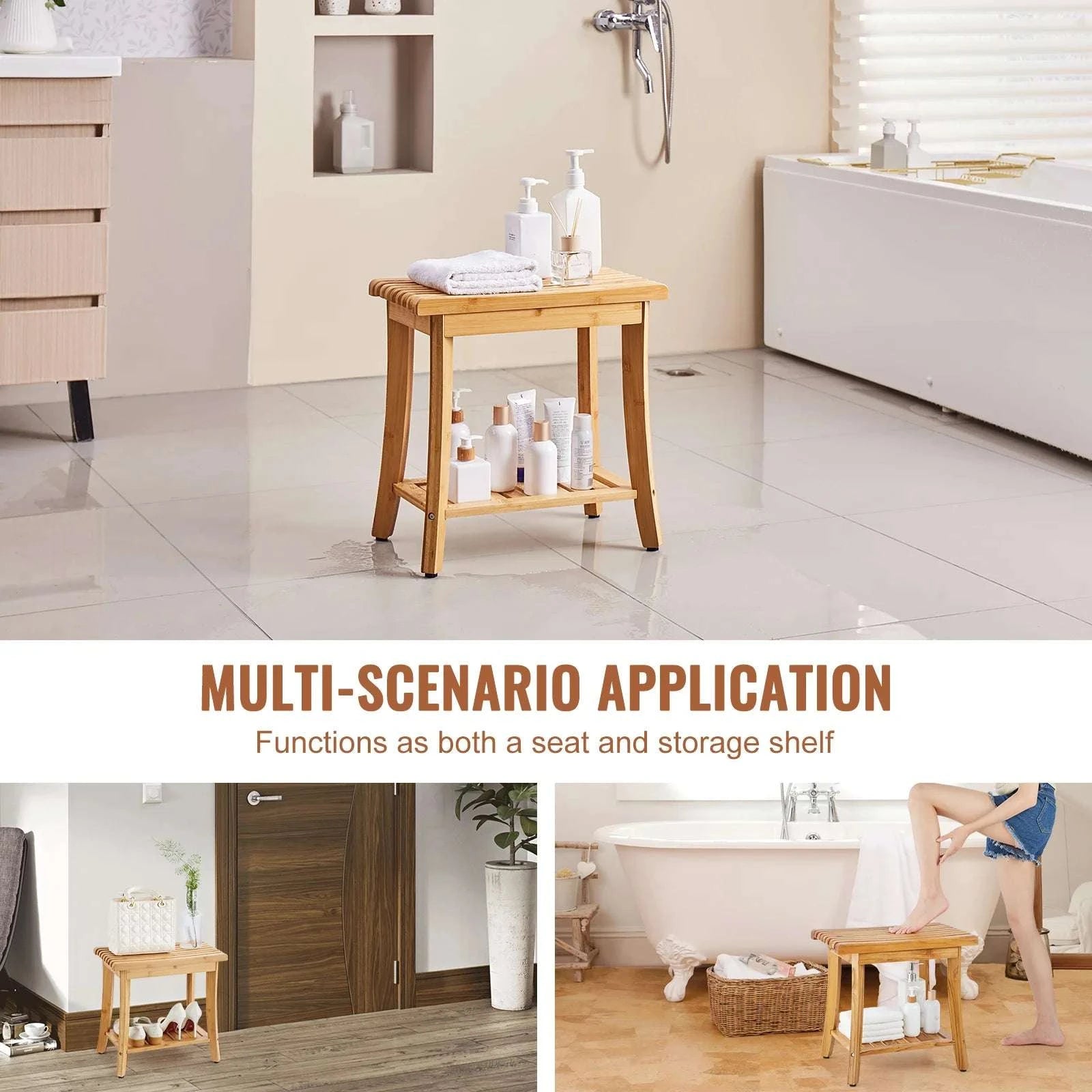 Bamboo Shower Bench with Storage Shelf 330lb Capacity Stool-24in / CZECH REPUBLIC