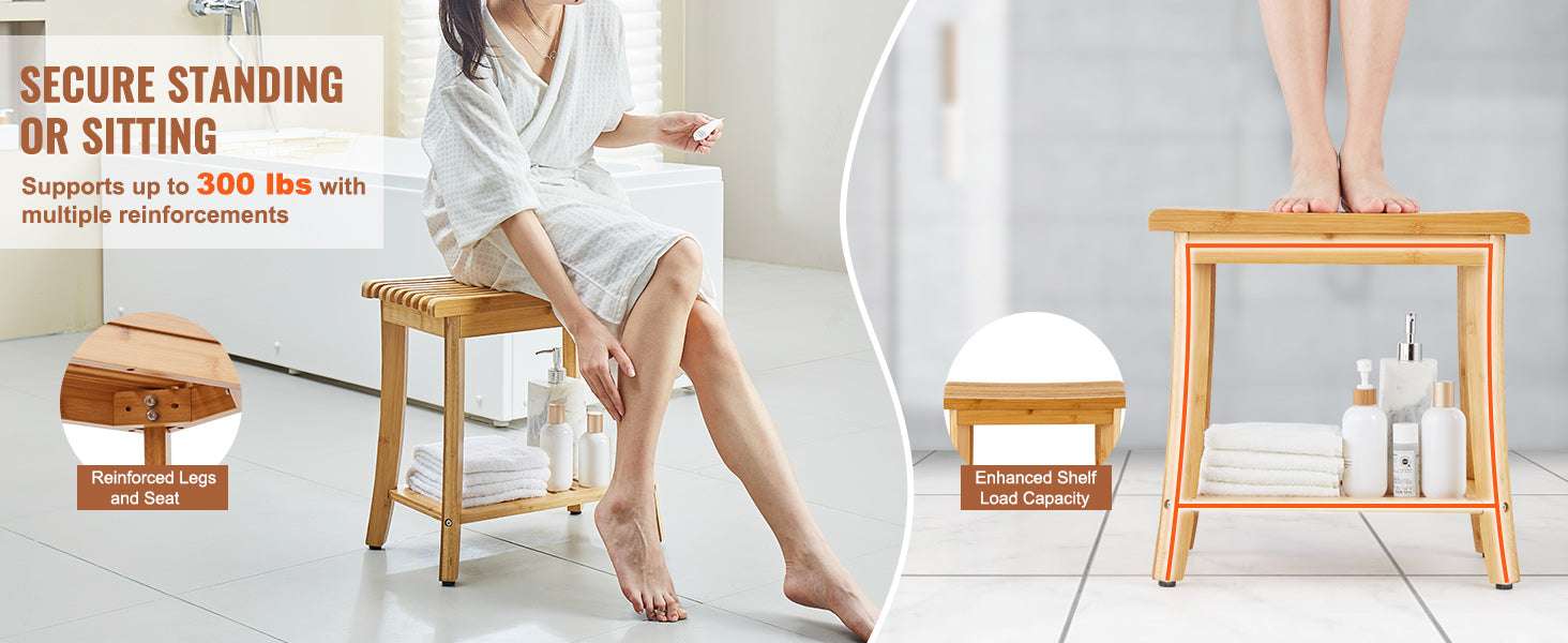 Bamboo Shower Bench with Storage Shelf 330lb Capacity Stool-24in / CZECH REPUBLIC