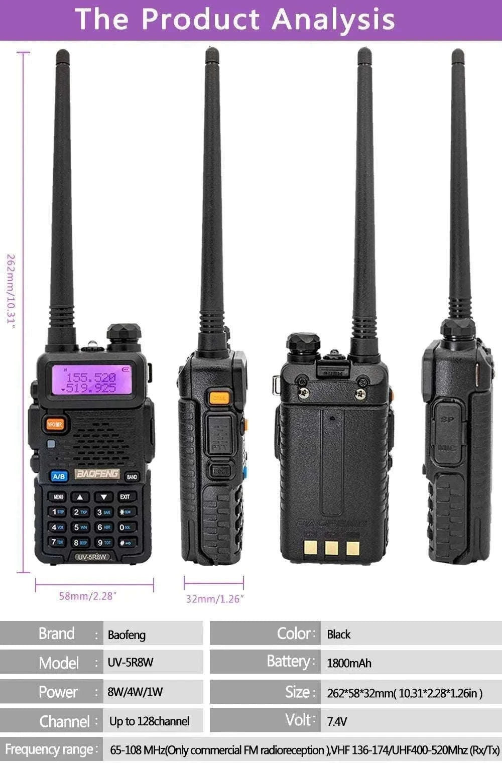 BaoFeng UV-5R 8W Dual-Band Walkie Talkie Radio-2X 8W-H-771-MIC-C / US