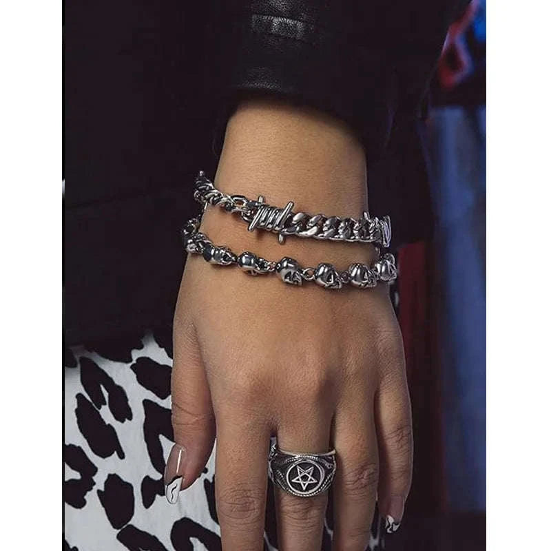 Barbed Wire Cuban Chain Bracelet Stainless Steel Punk Gothic Style-Wire Bracelet / 22cm / Width 10mm