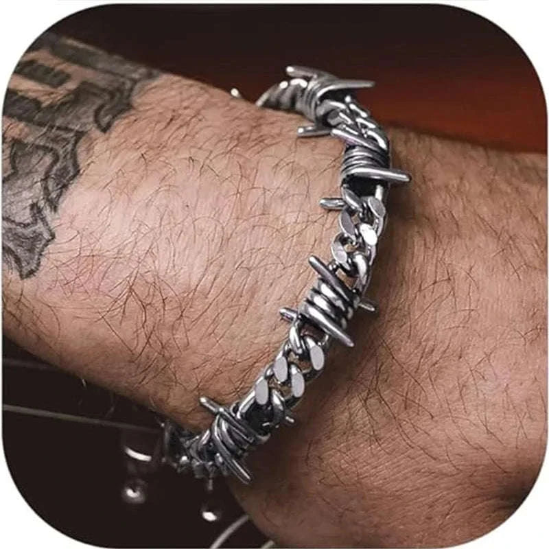 Barbed Wire Cuban Chain Bracelet Stainless Steel Punk Gothic Style-Wire Bracelet / 22cm / Width 10mm