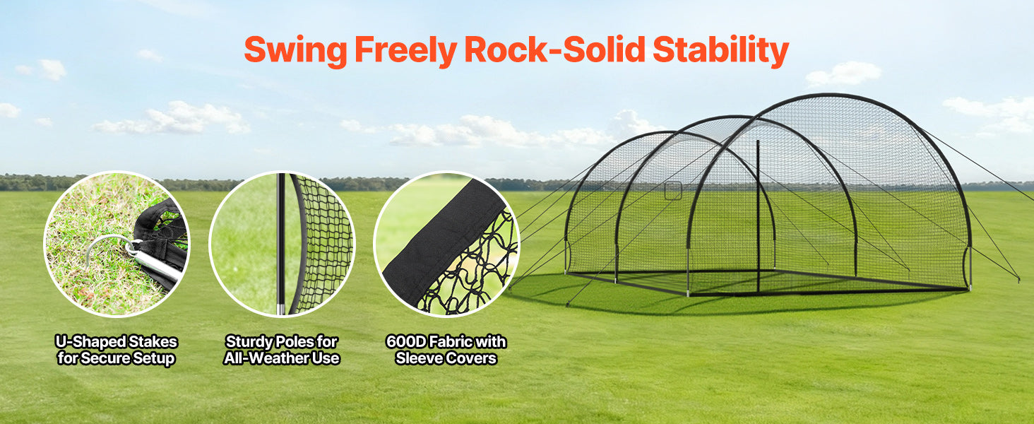 Baseball Batting Cage with Knotless Polyester Netting and Pitching Machine Opening