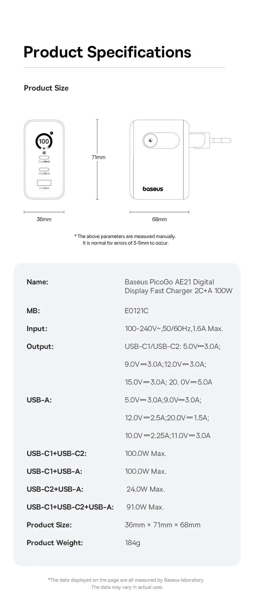 Baseus 100W GaN Fast Charger with Display 3-Port USB-C USB-A-EU Plug Black / China Mainland