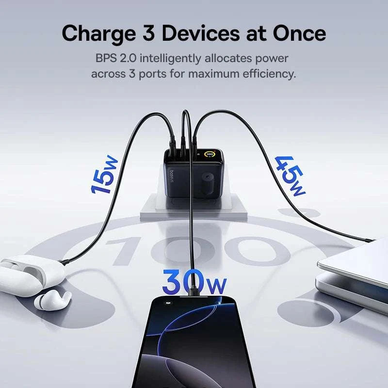 Baseus 100W GaN Fast Charger with Display 3-Port USB-C USB-A-EU Plug Black / China Mainland