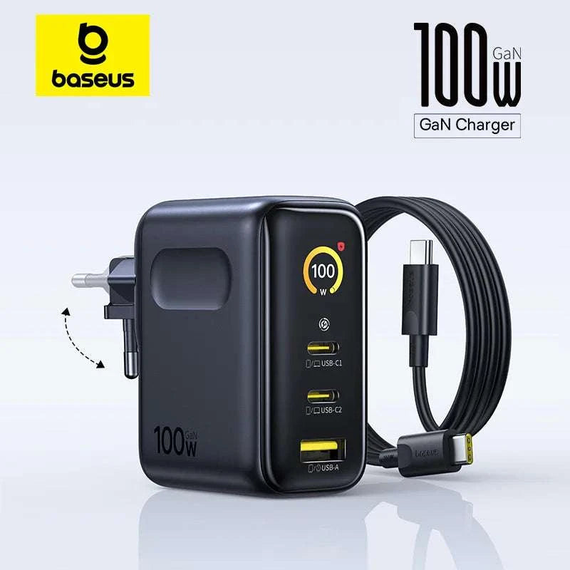 Baseus 100W GaN Fast Charger with Display 3-Port USB-C USB-A-EU Plug Black / China Mainland