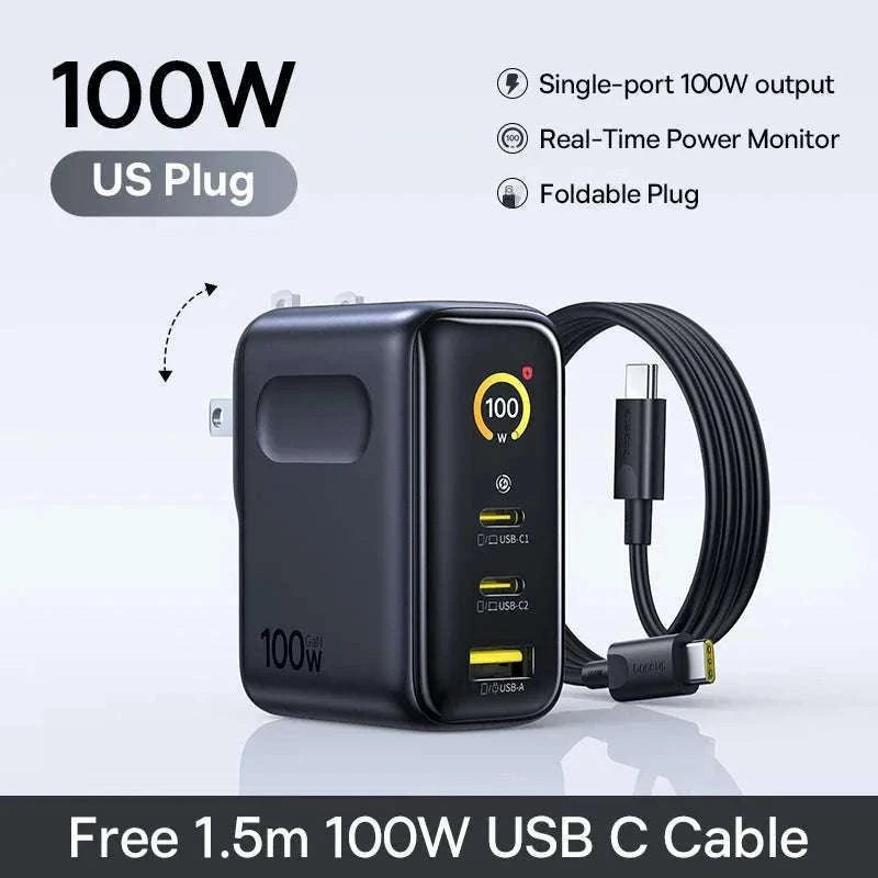 Baseus 100W GaN Fast Charger with Display 3-Port USB-C USB-A-EU Plug Black / China Mainland