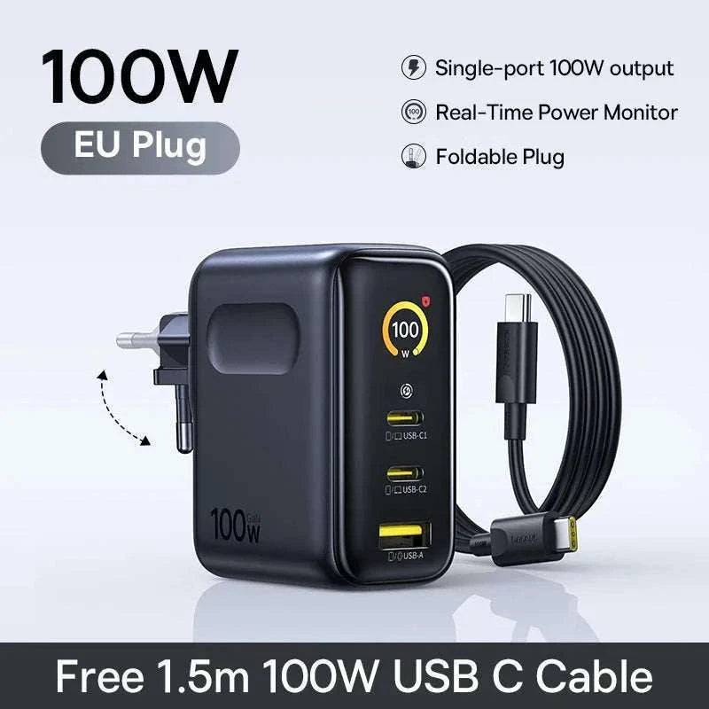 Baseus 100W GaN Fast Charger with Display 3-Port USB-C USB-A-EU Plug Black / China Mainland