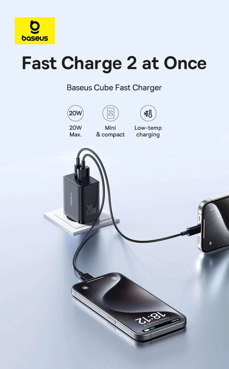 Baseus 20W USB Charger with Dual Fast-Charging Ports-20W EU Plug White