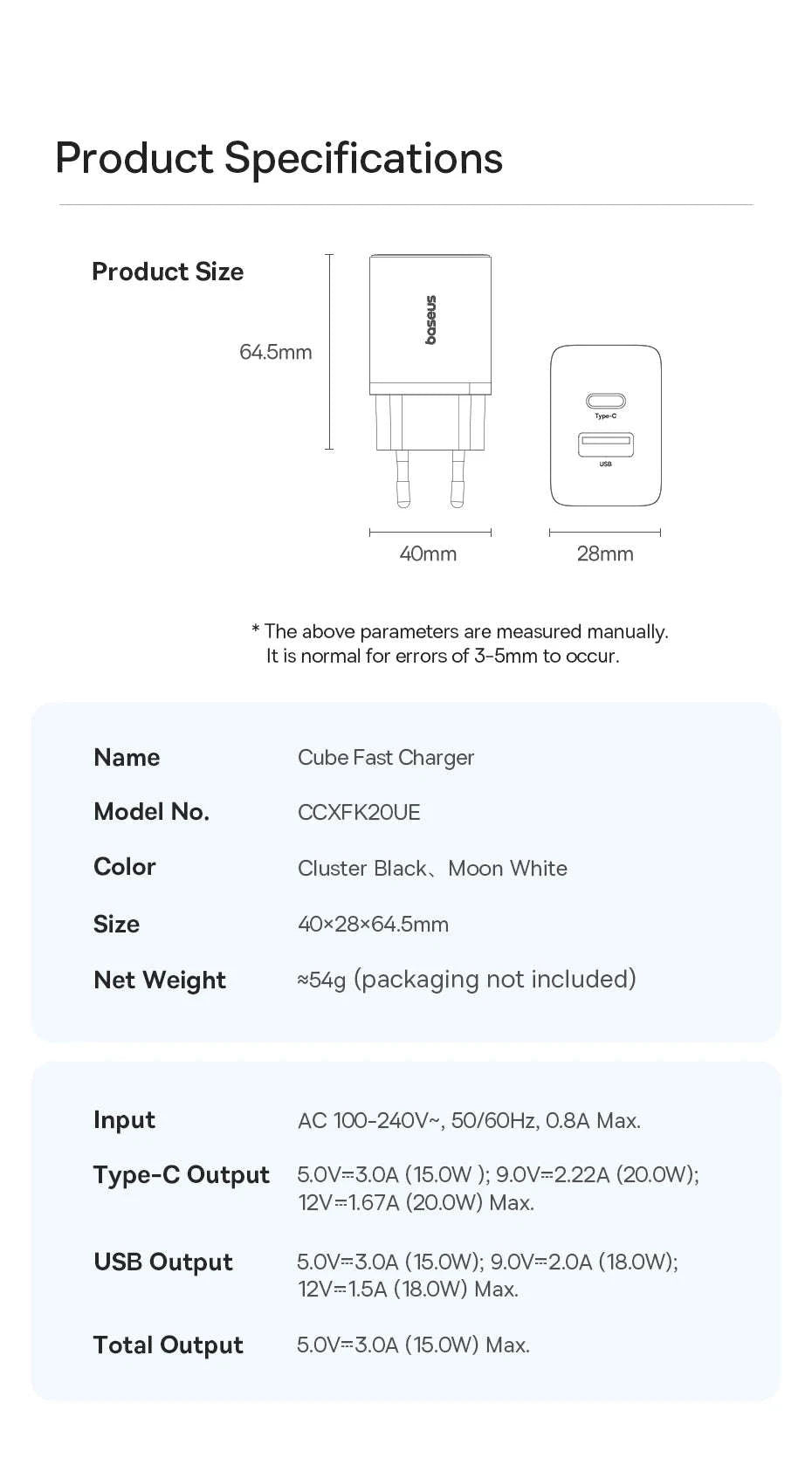 Baseus 20W USB Charger with Dual Fast-Charging Ports-20W EU Plug White