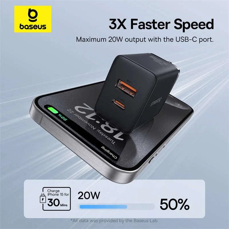 Baseus 20W USB Charger with Dual Fast-Charging Ports-20W EU Plug White