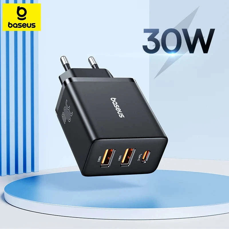 Baseus 30W Fast Charger 3-Port USB-C PD & QC3.0 Wall Adapter-EU Plug Black