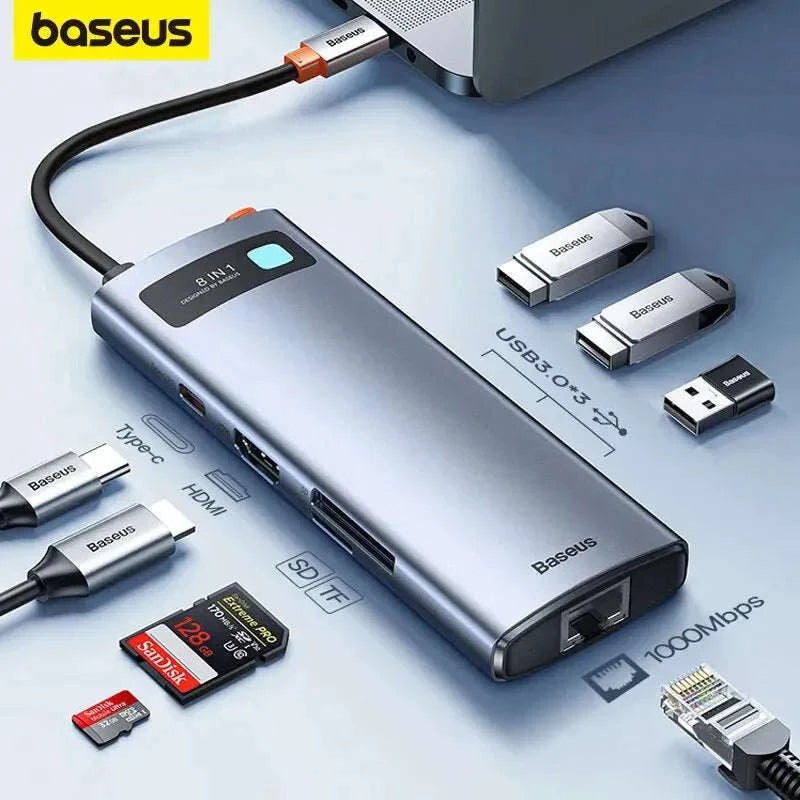 Baseus 4K 60Hz USB C Hub Type C to Ethernet Port PD 100W Adapter for Macbook Pro USB 3.0 Hub Laptop Tablet Accessories-8-in-1 Hub