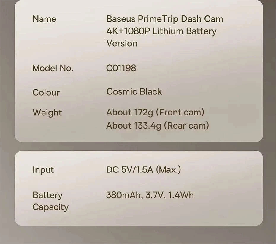Baseus 4K Front and Rear Dash Cam with STARVIS Night Vision-Front n Rear / 32G / United States