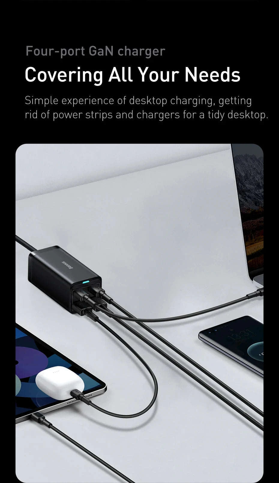 Baseus 65W/100W GaN Desktop Charger 4-Port Fast Charging Station-65W  EU  220V