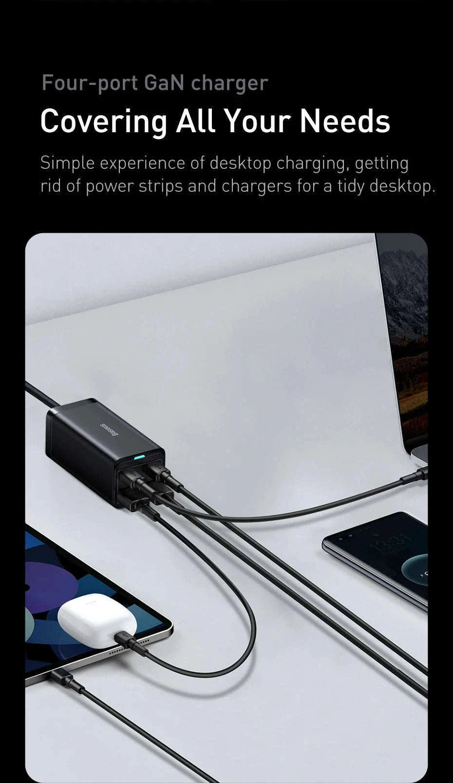 Baseus 65W/100W GaN Desktop Charger 4-Port Fast Charging Station-65W  EU  220V
