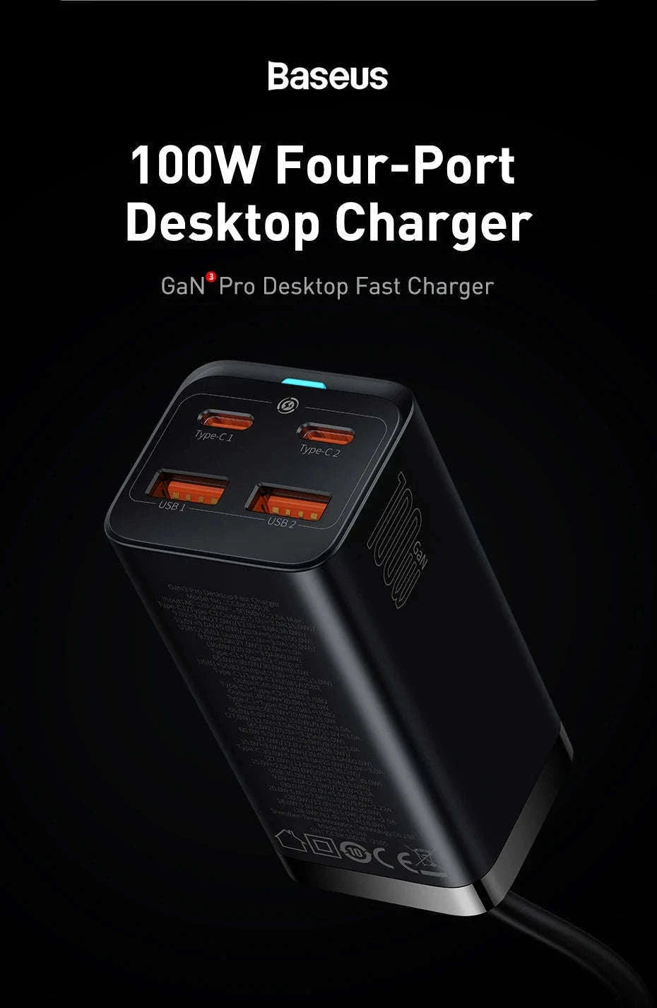 Baseus 65W/100W GaN Desktop Charger 4-Port Fast Charging Station-65W  EU  220V
