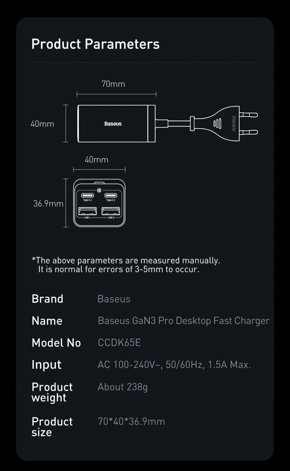 Baseus 65W/100W GaN Desktop Charger 4-Port Fast Charging Station-65W  EU  220V