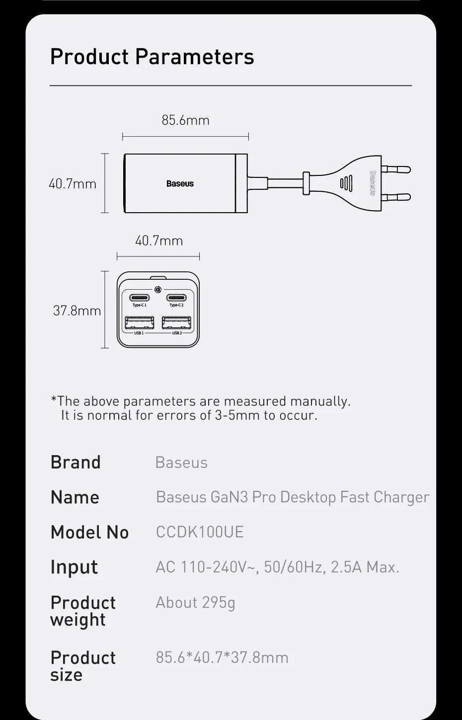 Baseus 65W/100W GaN Desktop Charger 4-Port Fast Charging Station-65W  EU  220V