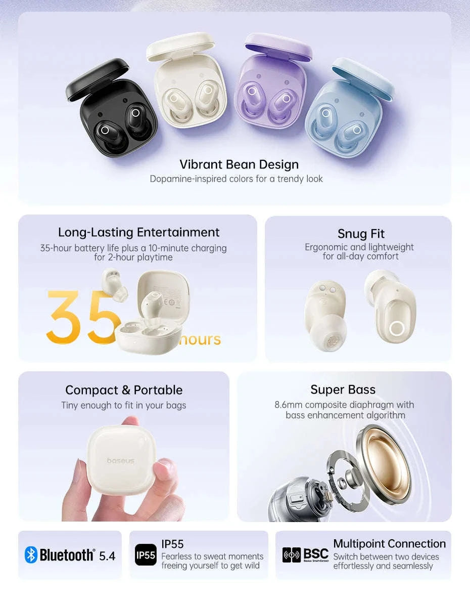 Baseus Bass BD1 Wireless Earphones Bluetooth 5.4 Mini Sports Earbuds-Cosmic Black