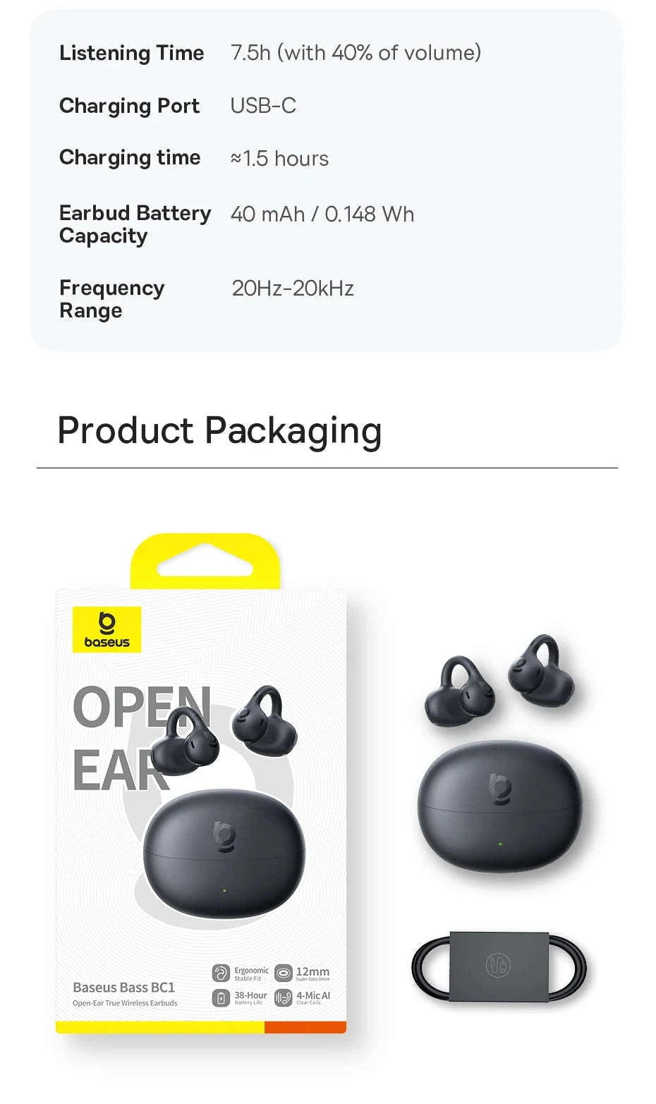 Baseus BC1 Open Ear Wireless Ear Clip Earbuds-Black