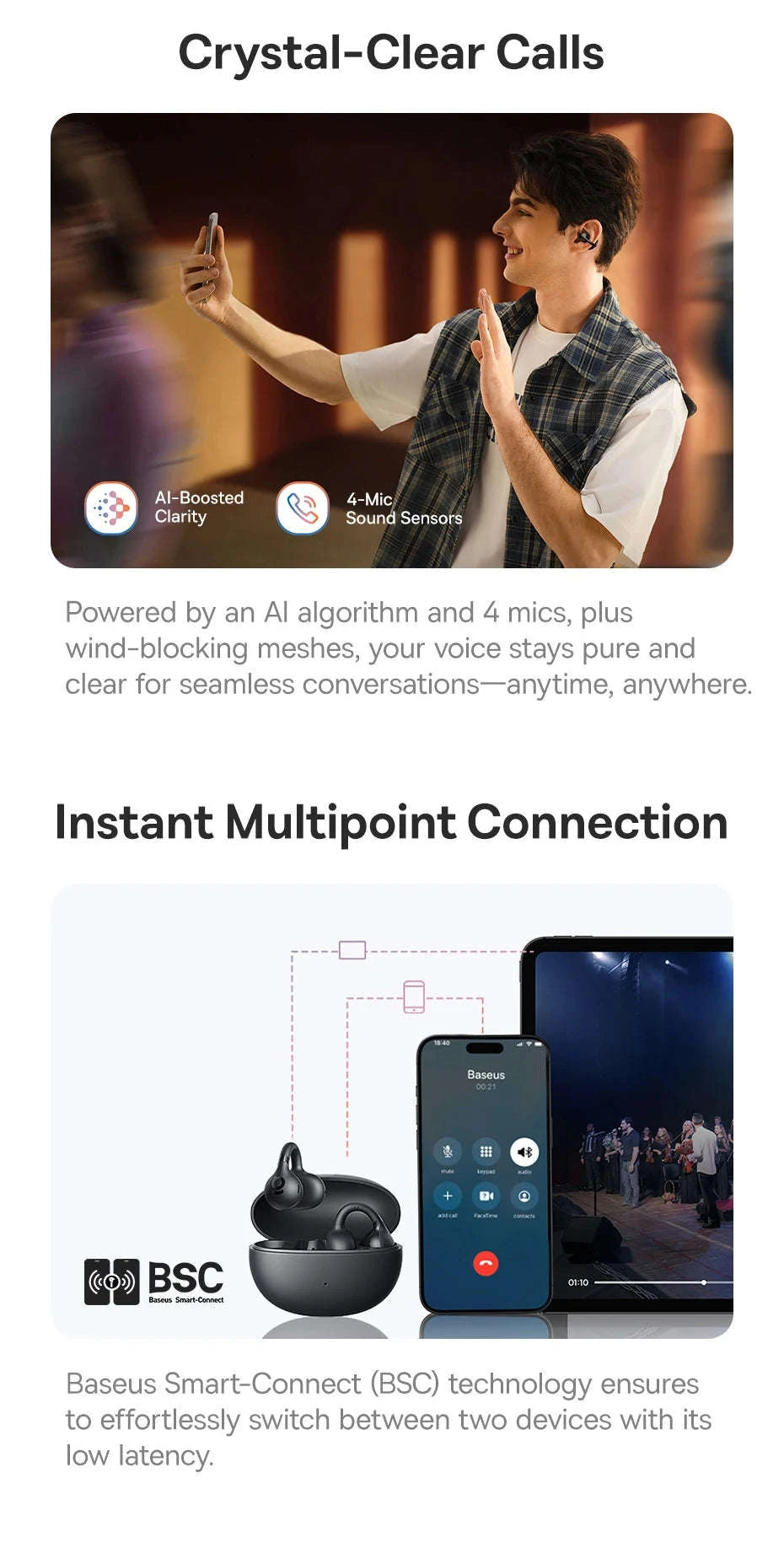 Baseus BC1 Open Ear Wireless Ear Clip Earbuds-Black