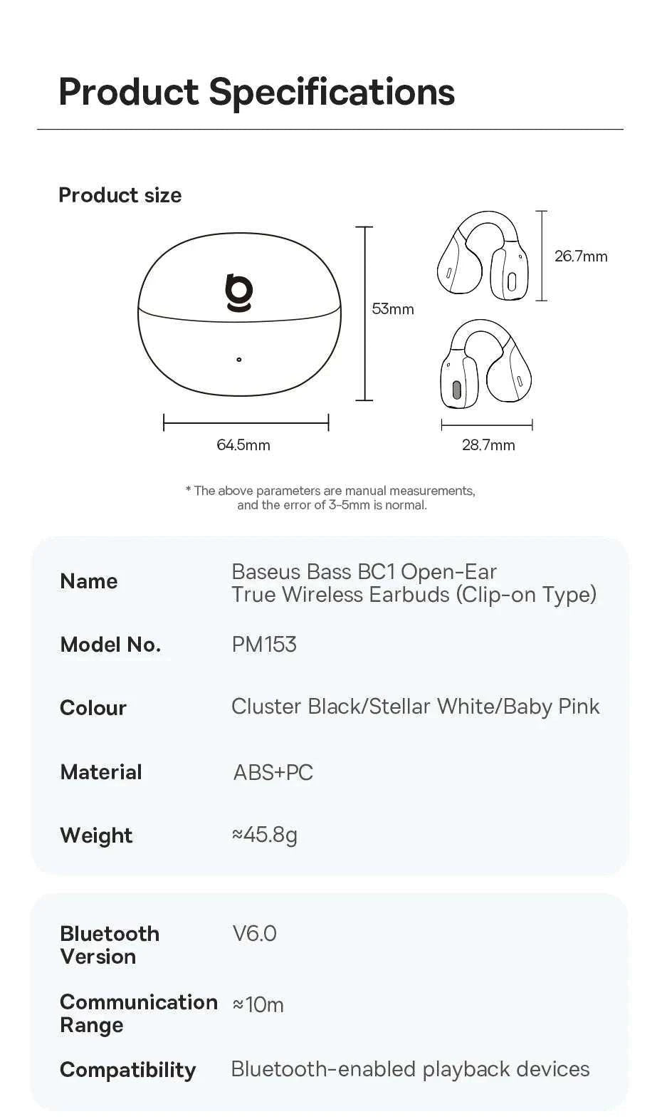 Baseus BC1 Open Ear Wireless Ear Clip Earbuds-Black