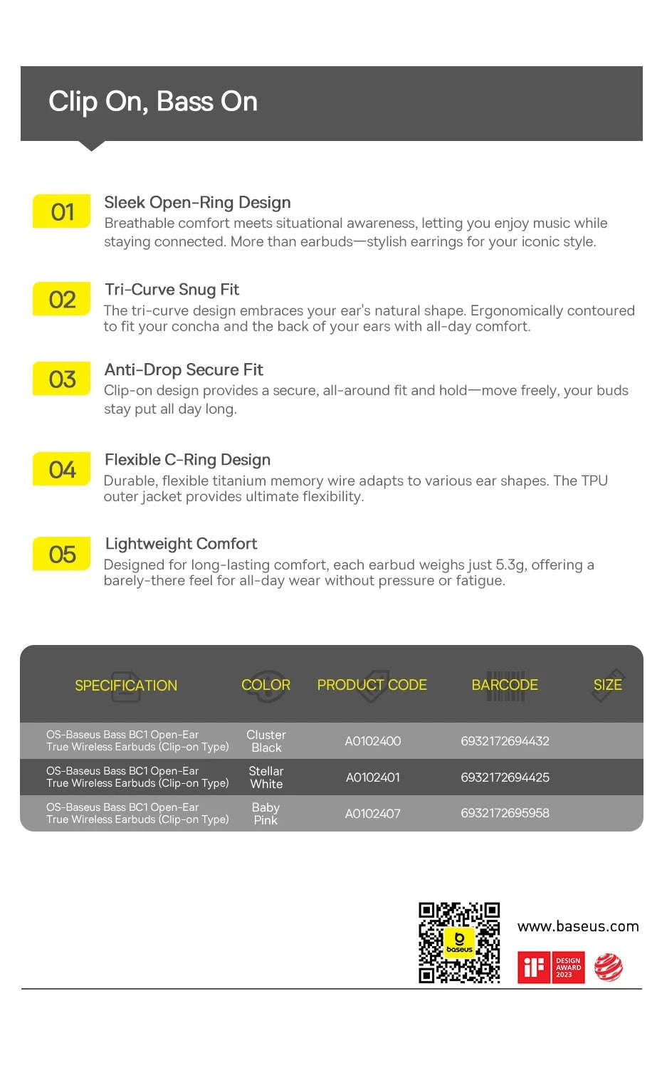 Baseus BC1 Open Ear Wireless Ear Clip Earbuds-Black