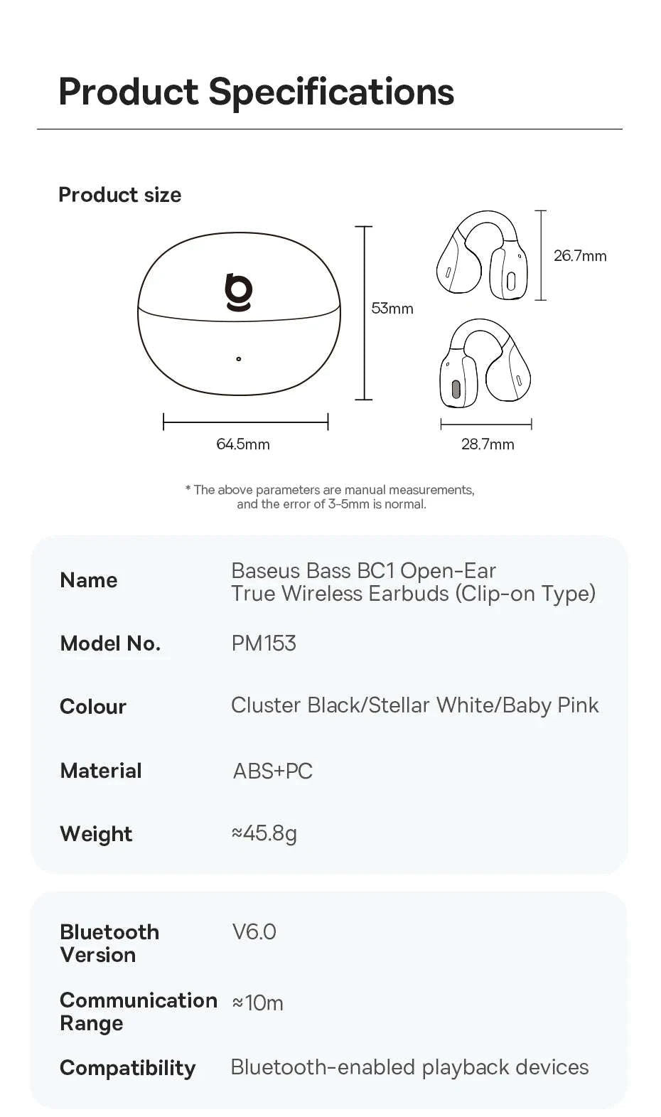 Baseus BC1 Open Ear Wireless Ear Clip Earbuds-Black