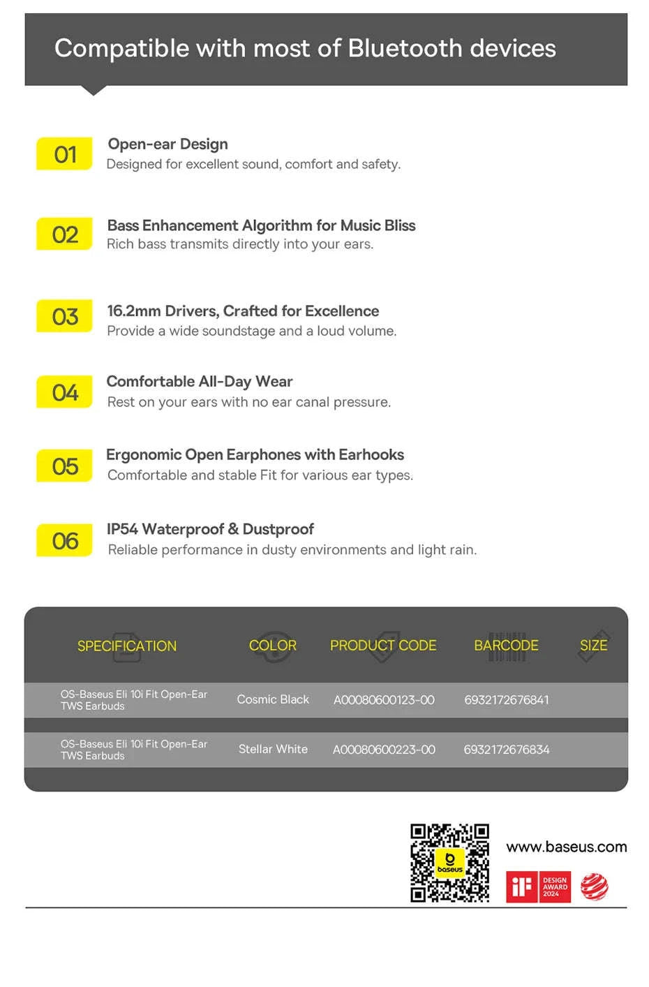 Baseus Eli 10i Fit Open-Ear Earphones Ear Hooks Wireless Bluetooth 5.4 Headphones IP54 Waterproof Air conduction Sports Earbuds-Black