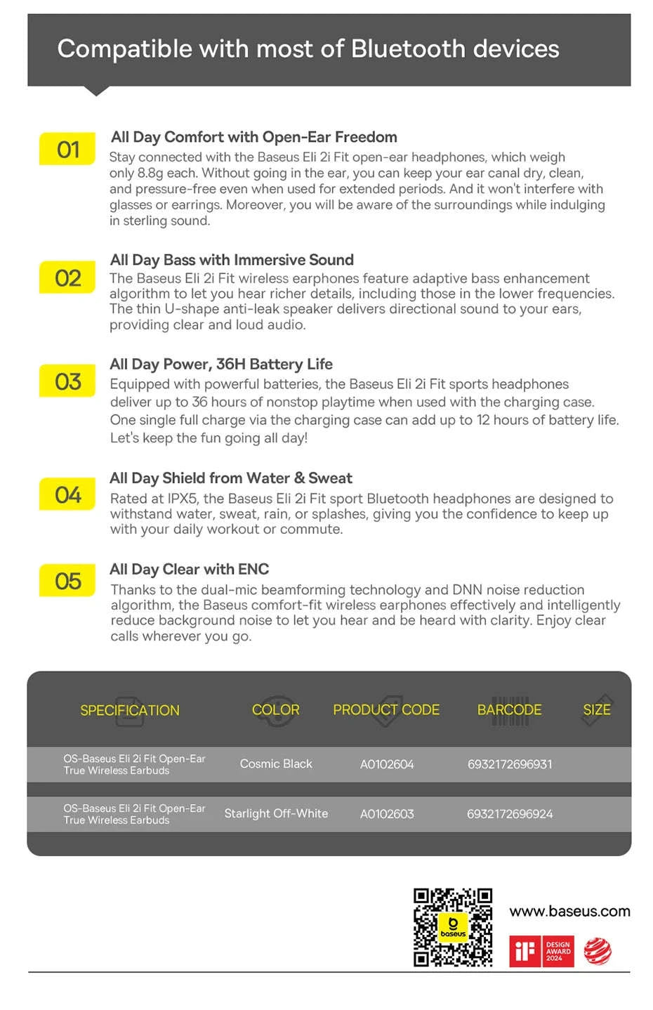 Baseus Eli 2i Fit Open‑Ear Wireless Earphones-White