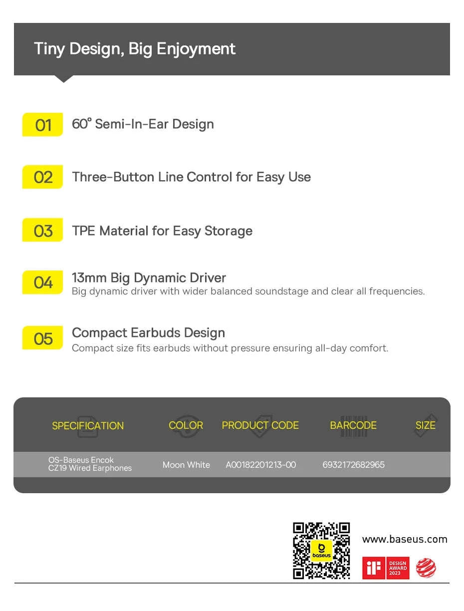 Baseus Encok CZ19 Type‑C Wired Earphones with Mic-WHITE