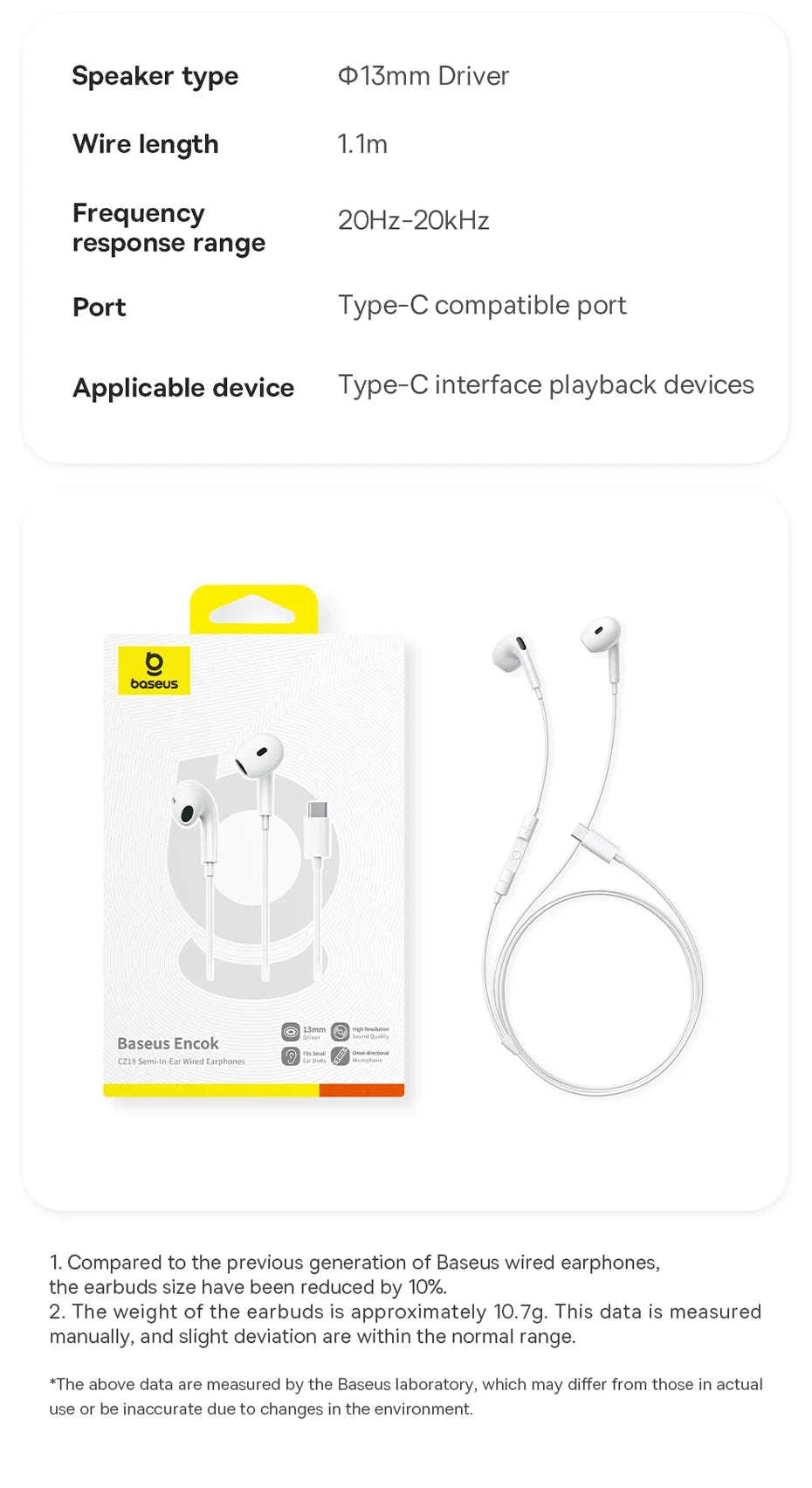 Baseus Encok CZ19 Type‑C Wired Earphones with Mic-WHITE