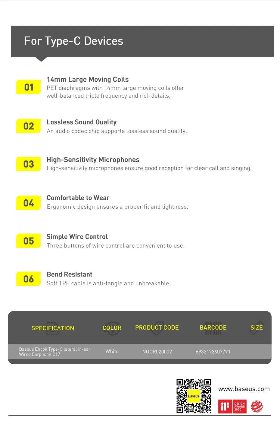 Baseus H17 3.5mm Wired Earphone with Microphone-3.5mm White