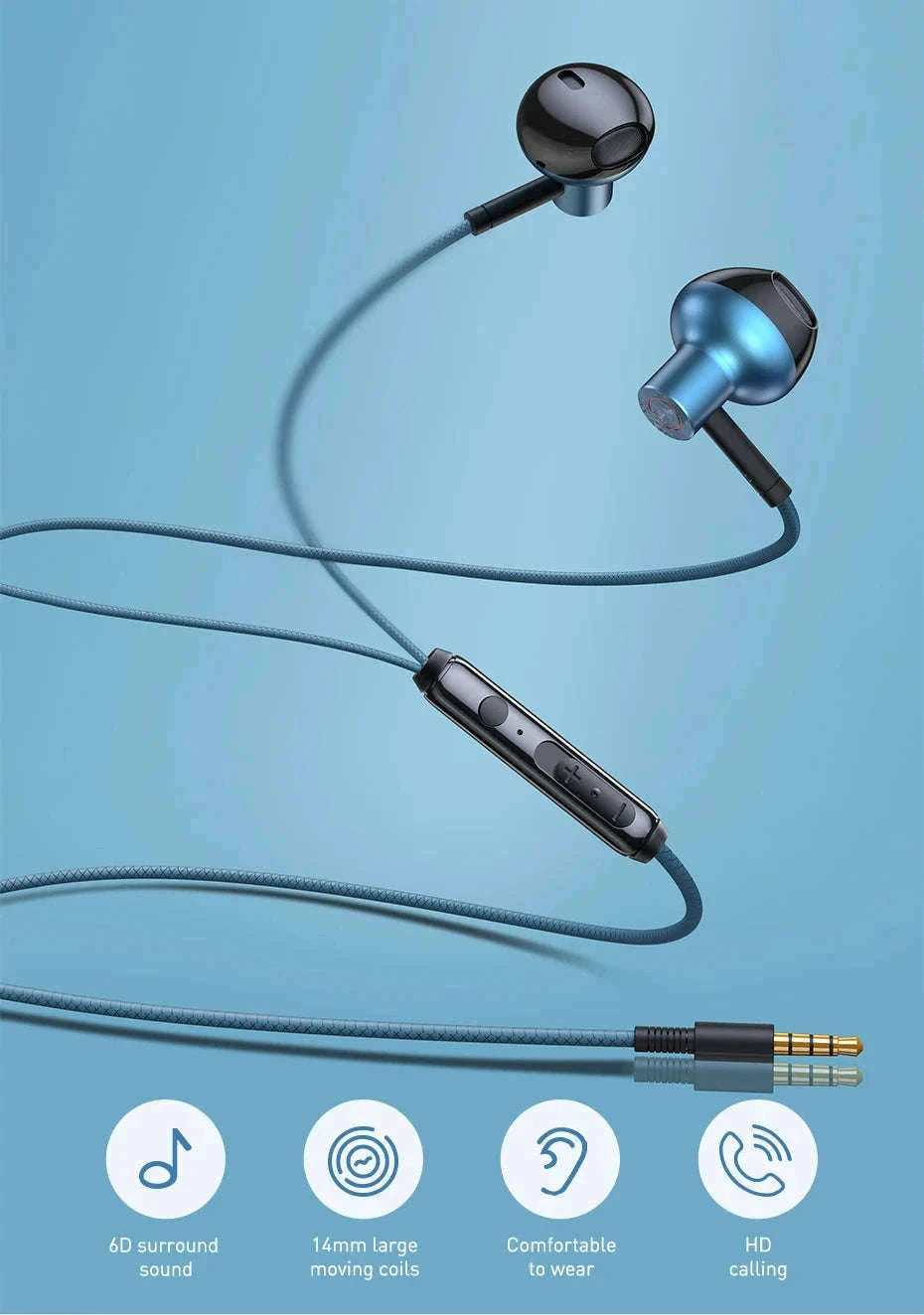 Baseus H19 Wired Earphones with Mic and 6D Stereo Bass-Blue