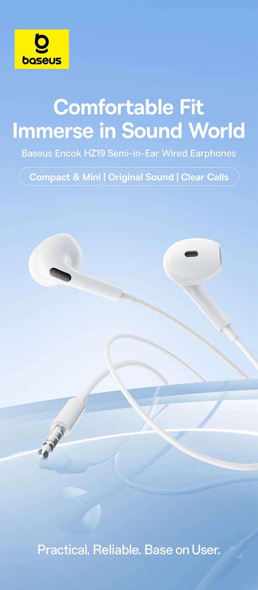 Baseus HZ19 Wired Earphones 3.5mm Semi‑In‑Ear Headphones-White