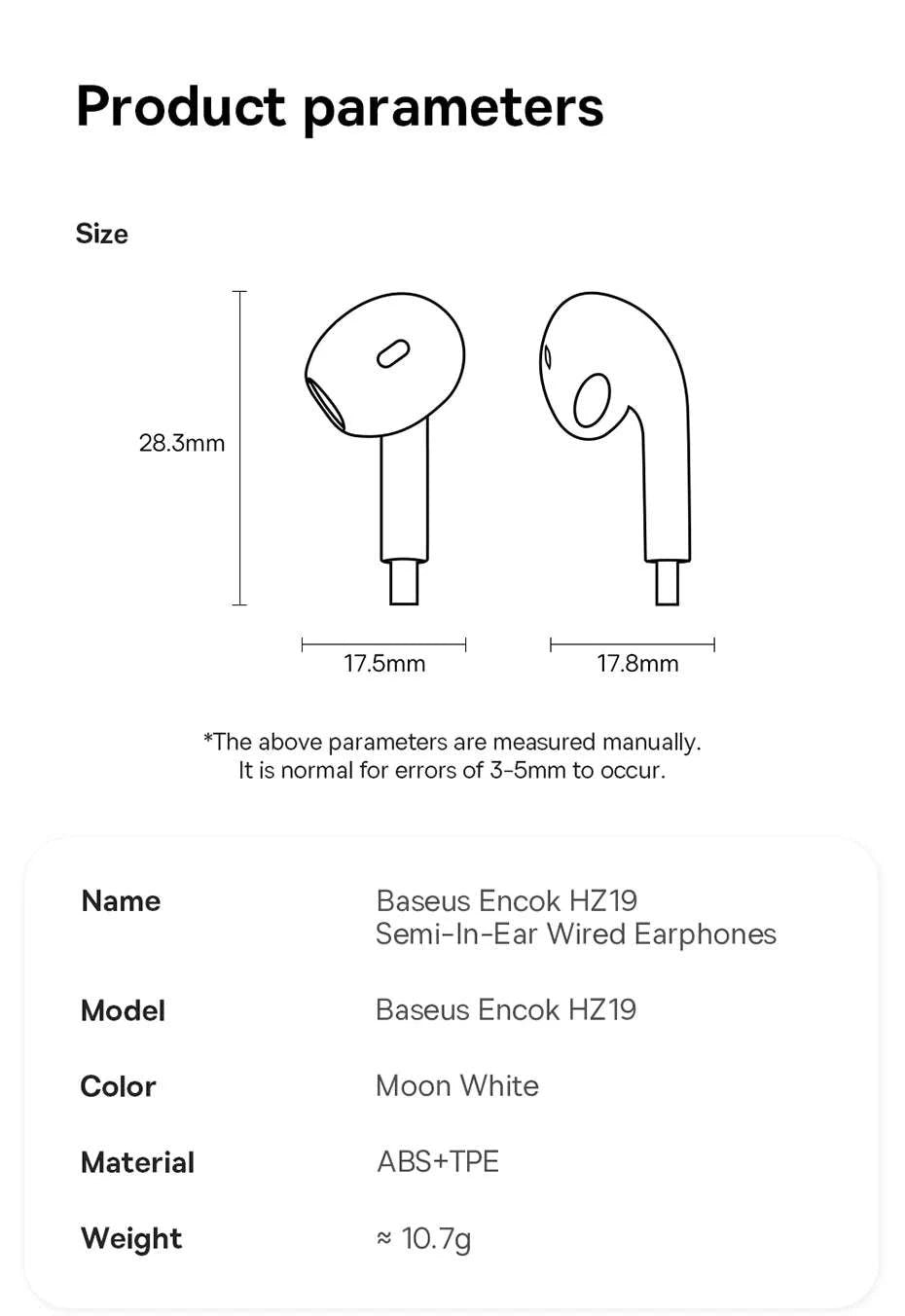 Baseus HZ19 Wired Earphones 3.5mm Semi‑In‑Ear Headphones-White