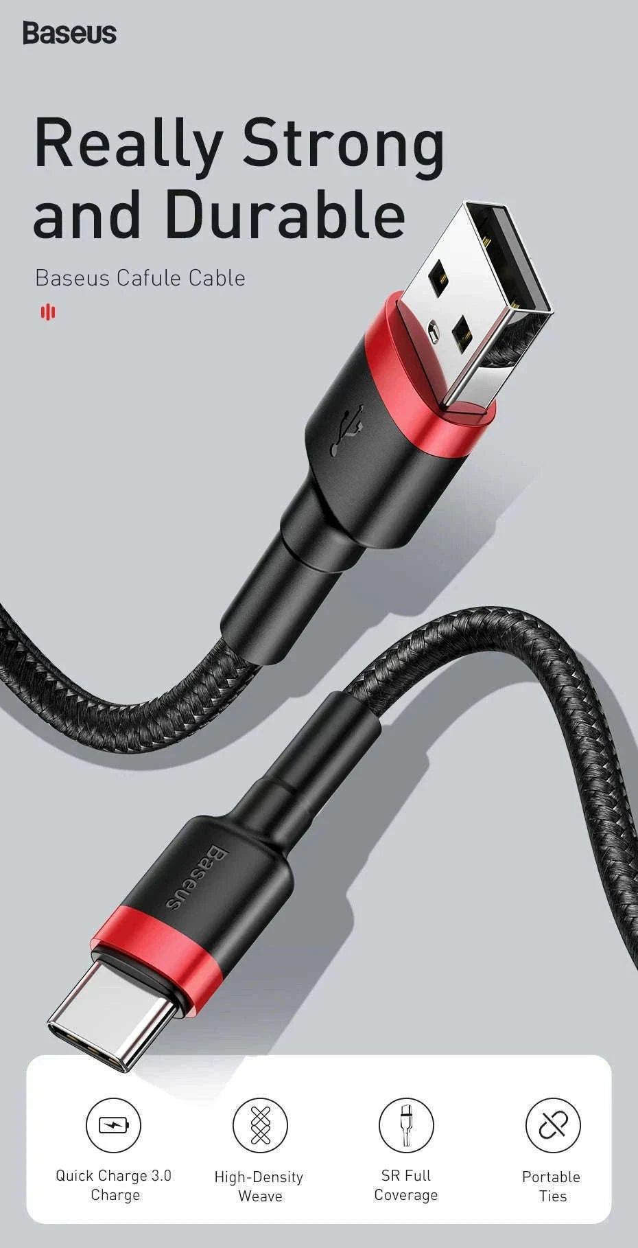 Baseus USB C Cable Quick Charge 3.0 Fast Charging-Gray Black / 1m (3.28ft)