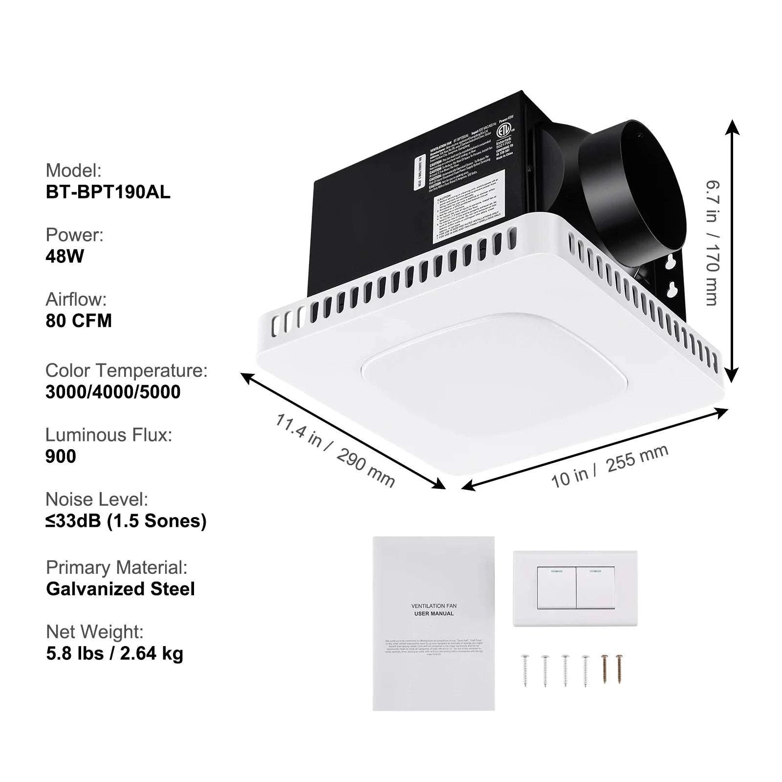 Bathroom Exhaust Fan with LED Light 80/110 CFM Quiet Heating-110CFM TypeC / United States