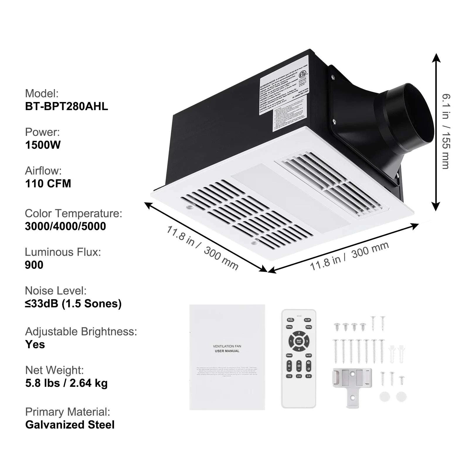 Bathroom Exhaust Fan with LED Light 80/110 CFM Quiet Heating-110CFM TypeC / United States