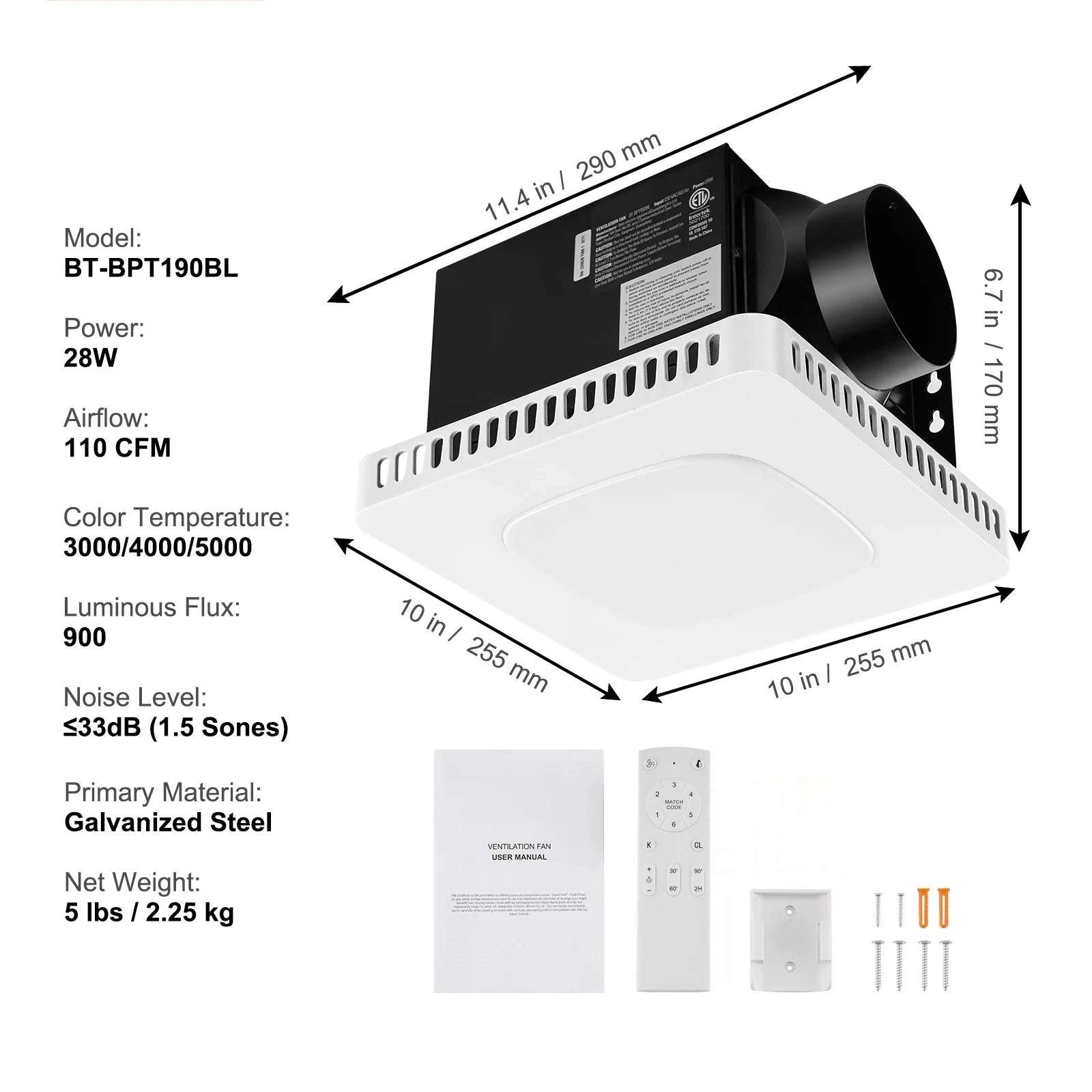 Bathroom Exhaust Fan with LED Light 80/110 CFM Quiet Heating-110CFM TypeC / United States