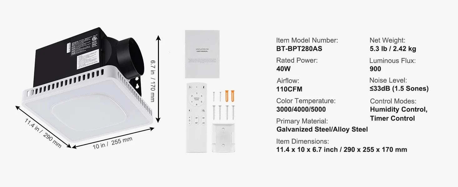 Bathroom Exhaust Fan with LED Light 80/110 CFM Quiet Heating-110CFM TypeC / United States
