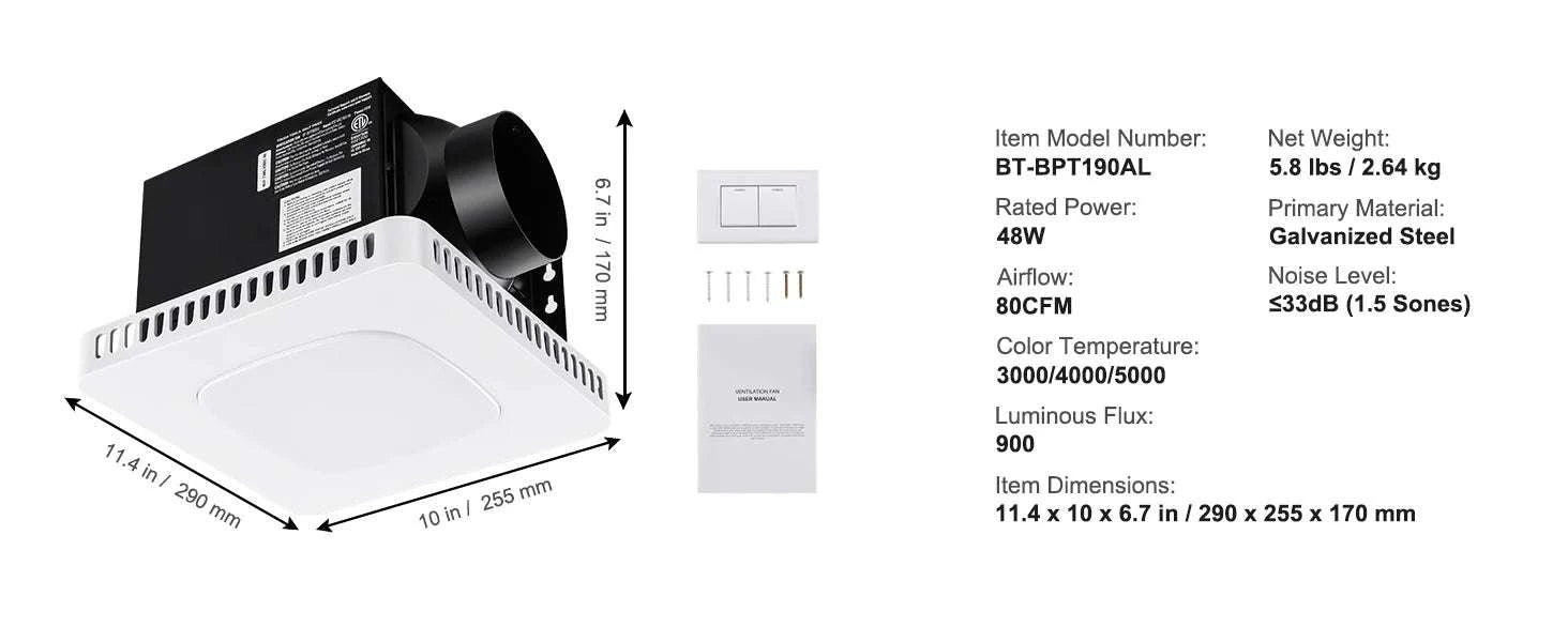 Bathroom Exhaust Fan with LED Light 80/110 CFM Quiet Heating-110CFM TypeC / United States