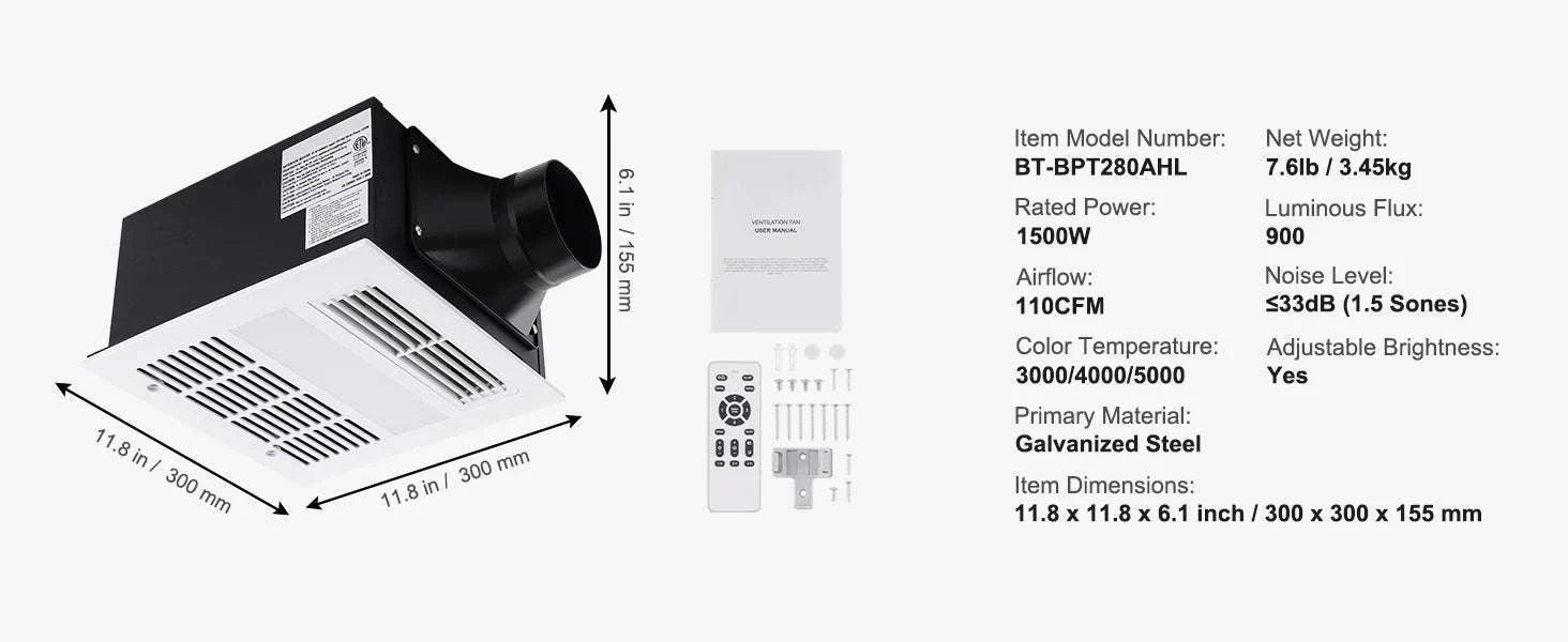 Bathroom Exhaust Fan with LED Light 80/110 CFM Quiet Heating-110CFM TypeC / United States