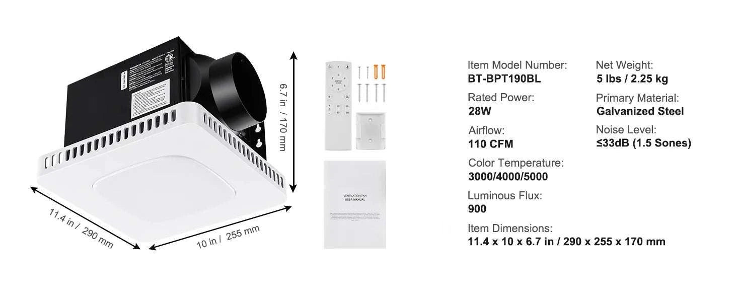 Bathroom Exhaust Fan with LED Light 80/110 CFM Quiet Heating-110CFM TypeC / United States